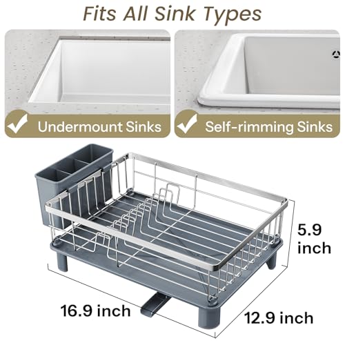 SNTD Dish Drying Rack for Small Kitchen Counter, 12.9" W x 16.9" L, Silver | Space Saving, Rotating Spout & Angled Drainboard for Quick Drainage, Stainless Steel, Removable Utensil Holder - color: Silver, size: 12.9" W x 16.9" L