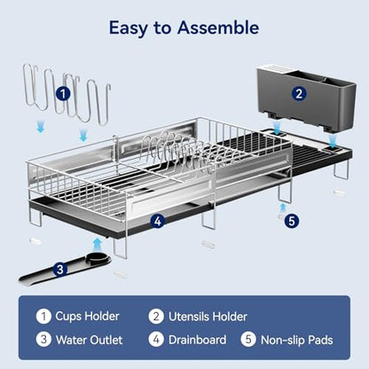 Stainless Steel Dish Drying Rack - Expandable Dish Racks for Kitchen Counter Organizer with Drain Board, Detachable Utensil & Cup Holder, Dish Drainer for Small Kitchen Counter, Black - color: Black