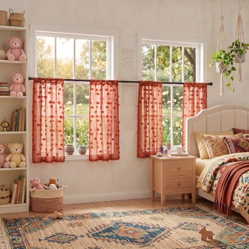 MYSKY HOME Terracotta Boho Sheer Curtains with Pom Pom 36Wx45L,2 Panels | Light Filtering Semi Sheer,Burnt Orange Rust Colored Bohemian Farmhouse Rustic Drapes for Bedroom Living Room,Rod Pocket - color: Terracotta, size: 36"W x 45"L (Pack of 2)