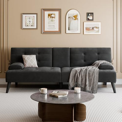64" Futon Sofa Bed, Convertible Loveseat with 2 Cup Holders, Small Couch with 3 Adjustable Angles, Removable Armrests, Small Sofa for Apartment, 5.3 FT, Black - color: Black