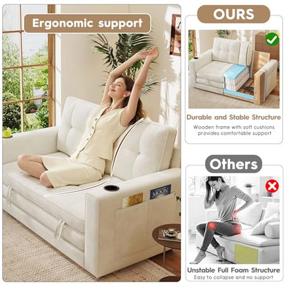 55" Convertible Folding Sofa Bed, Pull Out Couch Love Seat Sleeper Bed, Small Fold Out Loveseat sleeper with Cup Holder and Pillow for Small Space, Bedroom Lounge, Dorm, Living Room(Beige Chenille) - color: Beige