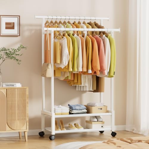 Double Rod Clothing Rack with 2 Shelves, Rolling, White | All tools included, metal frame, 4 casters with 2 locking, for bedroom, laundry, and entryway - color: White