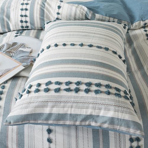Washed Cotton Queen Size Duvet Cover Set - Tufted Dots Boho Chic Bedding for All Seasons, Striped Pom Pom Bedding Linen Like Textured Breathable Durable Soft Comfy (Blue, 90x90'') - color: Blue, size: Queen