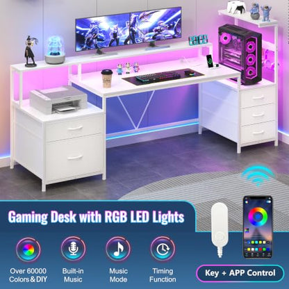 63" Computer Desk with Drawers, Storage Shelves and Printer Stand | White Gaming Desk with Monitor Stand and LED Lights, Reversible Home Office Desk with Printer Shelf - color: White