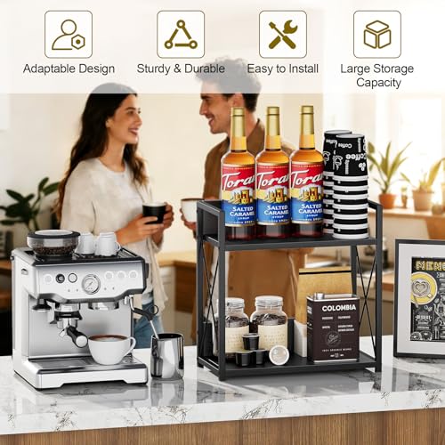 Giikin Kitchen Countertop Organizer, 2 Tier Coffee Bar Organizer, Black Spice Rack for Counter, Kitchen Counter Shelves, Particleboard,15.8" L x 7.9" W x 15.8" H (Black, L) - color: Black, size: Large