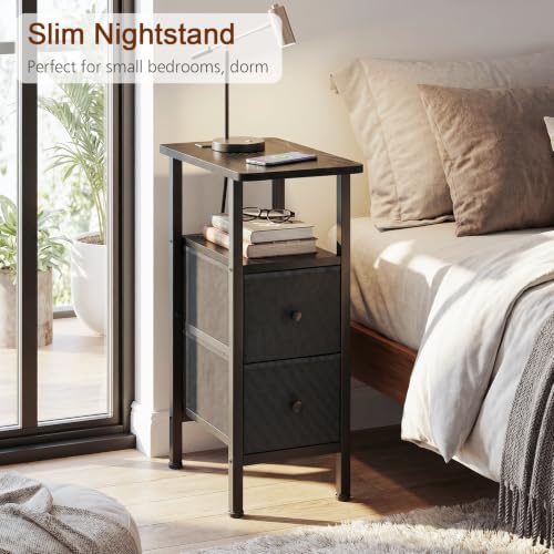 Narrow End Table with Charging Station, Small Nightstand | Skinny Side Tables Living Room with 2 Fabric Drawers, Slim Bedside Table for Bedroom, Small Spaces, Couch, Black - color: Black, size: 23.22''H (2 Drawers), style: Power