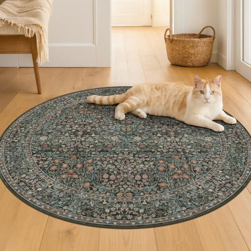 Washable Round Area Rug 5ft for Living Room, Bedroom, Soft Ultra-Thin Non-Slip Vintage Circle Carpet for Kitchen Nursery, Dark Green Boho Floral Décor - color: Dark Green / Black, size: 5' (Round)