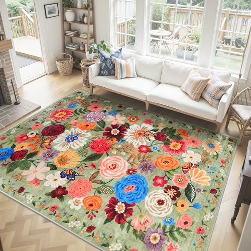 Floral Area Rug 8x10 for Living Room Bedroom | Non Slip; Stain Resistant; Soft;Machine Washable; Ideal for Dining Room - color: Green, size: 8' x 10' (Rectangular)