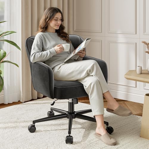 DurayLoly Velet Vanity Chair with Wheels & Shell Back | 360° Swivel Desk Chair,Adjustable Height,Stylish and Comfortable for Makeup, Work & Relaxation,Black - color: Black
