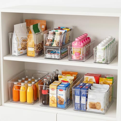 YKIOKE 8 Pack Clear Plastic Storage Bins with Handles, Stackable Organizer | BPA-Free, 4 Large & 4 Small Stackable Organizer Containers for Kitchen Cabinets, Countertops, Drinks, Fruits, Vegetables - size: 8-Pack