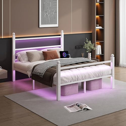 CLIBFENG Queen Size Bed Frame with Headboard and Footboard,Steel Slats Support-LED Bed Frame with USB Charging Station,Mattress Foundation-Under Bed Storage,No Box Spring Needed,Noise Free,White - size: Queen, style: White