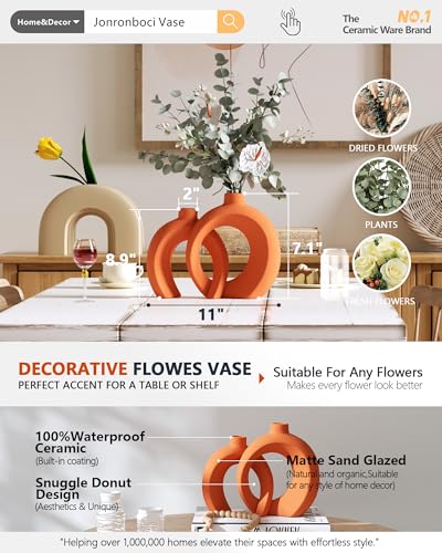 Set of 2 Orange Ceramic Vases for Home Decor Accents - Unique Hollow Donut Artistic Design Mid-Century Modern Eclectic Fall Style Decorative Vases for Shelf, Mantel, Entryway Table Decor(Matte Orange) - color: Matte Orange