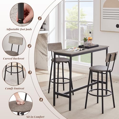 43.31" Bar Table Set for 2, Counter Height Dining Table with PU Upholstered Bar Stools and Backrests, Space-Saving Small Kitchen Table for Breakfast Nook,Grey - color: Grey, style: Rectangular w/ Upholstered Stool
