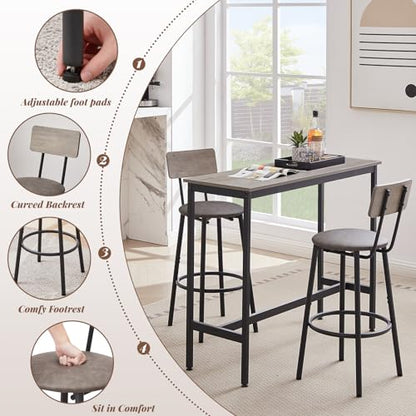 43.31" Bar Table Set for 2, Counter Height Dining Table with PU Upholstered Bar Stools and Backrests, Space-Saving Small Kitchen Table for Breakfast Nook,Grey - color: Grey, style: Rectangular w/ Upholstered Stool