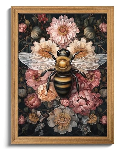Framed Vintage 3D Textured Wall Art - Dark College Bee Flowers Wall Decor - Hand Drawn Sandstone Nature Botanical Pictures for Living Room Bedroom Home Decor 8x10in - color: Color Bee, size: 10"L x 8"W