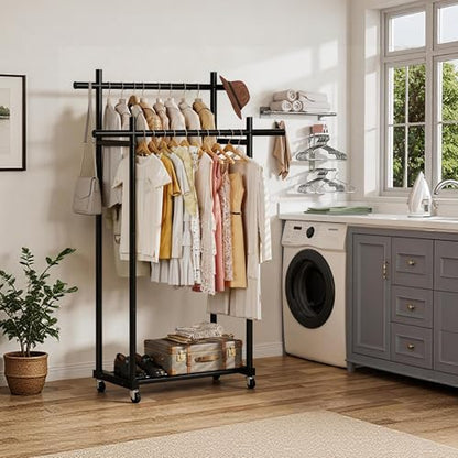 Lutown-Teen Metal Clothes Rack with Lockable Wheels, Double Rods, Black | Clothing Rack Heavy Duty with Storage Rods, 150 LB Capacity Garment Rack, Easy Assembly - color: Black, size: Double Rods