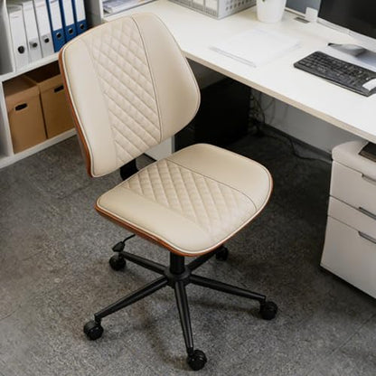 Modern Walnut Home Office Chair, Executive Desk Chair No Arms Beige | with Wheels, Adjustable Height, Comfy PU, Deeper Cushion, Mid Back, 360 Swivel Computer Chair - color: Beige