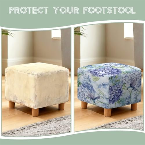 Hummingbird Hydrangea Print Ottoman Cover, Stretch Square Ottoman Slipcovers Machine Washable Foot Stool Cover for Living Room, Folding Storage Furniture Protector - color: Hummingbird Hydrangea