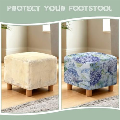 Hummingbird Hydrangea Print Ottoman Cover, Stretch Square Ottoman Slipcovers Machine Washable Foot Stool Cover for Living Room, Folding Storage Furniture Protector - color: Hummingbird Hydrangea