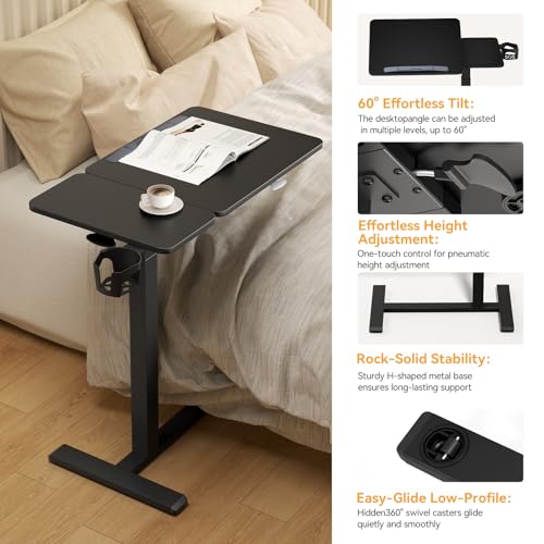 Overbed Bedside Table with Wheels, Pneumatic Adjustable Medical Tilt Top Hospital Bed Table Over The Bed, Rolling Laptop Desk, Mobile Standing Desk for Hospital and Home Use, Black - color: Pure Black