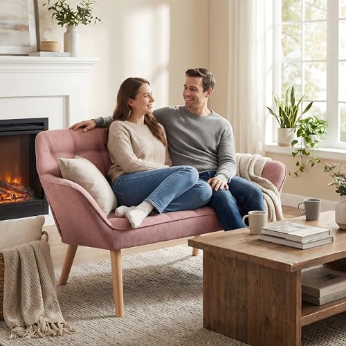 48”Small Loveseat Sofa, Modern Linen Upholstered Mini Couch 2-Seater Fluffy Love Seat with Quilting Backs and Wood Legs for Small Space Living Room, Bedroom, Pink - color: Pink, size: Loveseat
