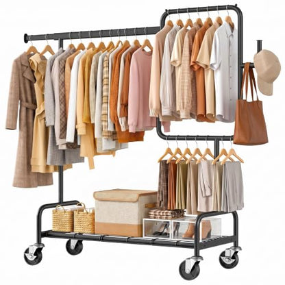 SOLEDI Heavy Duty Partitioned Clothes Rack, 600 LBS Load Metal Garment Rack with Shelves & Lockable Wheels, Rolling Hanging Rack for Bedroom, Laundry Room, Store & Garage (Black) - color: Black