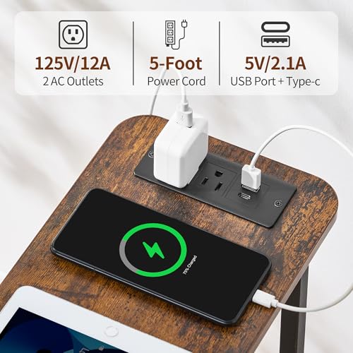 Narrow End Table with Charging Station, Narrow Side Table with Drawer, Small Nightstand with LED Light, Skinny Nightstand, Small Bedside Table for Living Room, Bedroom, Couch, Rustic Brown - color: Rustic Brown, size: 7.9" W x 18.9" D, style: Power + Ligh