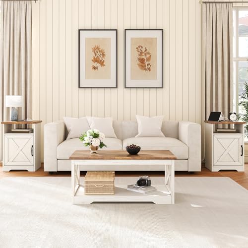 AMERLIFE 3 Piece Farmhouse Living Room Coffee Table Set, Distressed White | Coffee Table & 2 End Tables with Charging Station and USB Ports, Farmhouse Style, Barn Door Design, Living Room Furniture - color: Distressed White