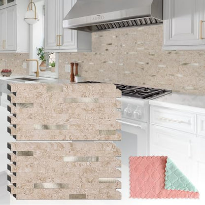 StyloVue 20 Sheets Peel and Stick Backsplash for Kitchen, 2026 Upgraded Classic Travertine Beige with Gold Metal Accents, Stick on Tile for Kitchen Backsplash, RV, Fireplace - color: Travertine Beige