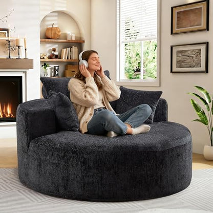 55" Oversized Round Chaise Longue Chair Indoor, Upholstered Chenille Circle Single Cloud Reading Sofa Chair Deep Seat Modern Boneless Sleeper Couch No Assembly Required, Black - color: Black, style: 55"Chenille