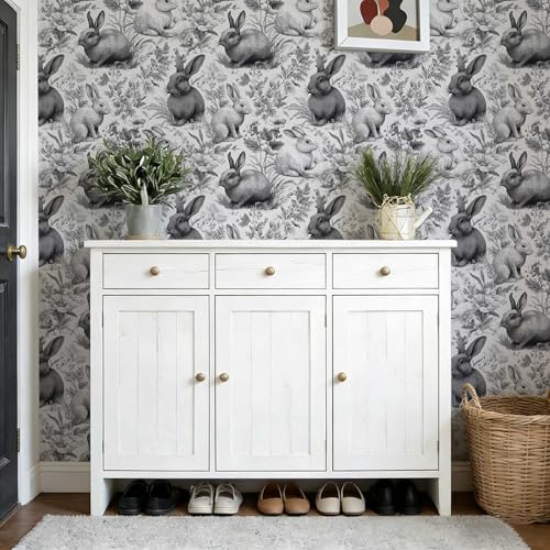 Black and White Vintage Rabbit Floral Peel and Stick Wallpaper | Monochrome engraving rabbit and wildflower print, Removable waterproof vinyl wall covering, bedroom accent wall decor - color: ML-M098, size: 17.7" x 118"