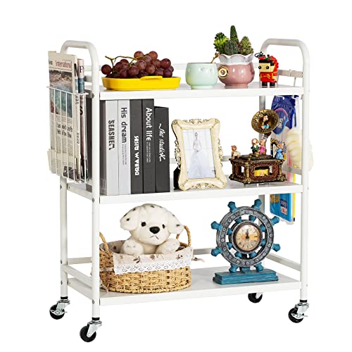 HDANI 3 Tier Metal Rolling Utility Cart,High Capacity Multi Purpose Heavy Duty Cart for Office,Kitchen,Living Room,Bedroom,White - color: White, size: Large Solid with Basket
