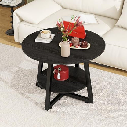 Round Coffee Table with Storage,Metal Small Coffee Table,Black | 2-Tier Circle Small Coffee Table for Living Room, Metal Frame/Wood Look,Modern Sofa Table Center for Home Office - color: Black