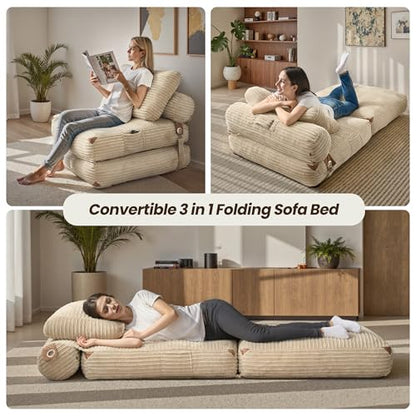 ovios Folding Sofa Bed, Foldable Sleeper Chair Floor Futon, Comfy Portable Convertible Fold Out Lounge Chairs for Living Room Bedroom, Beige - color: Beige