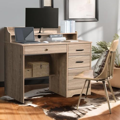 Computer Desk with 4 Drawers and Hutch, Wood Executive Desks with File Drawer and Shelves, Small Desk Study Table for Bedroom, Student Teen Writing Laptop Table, Grey - color: Grey