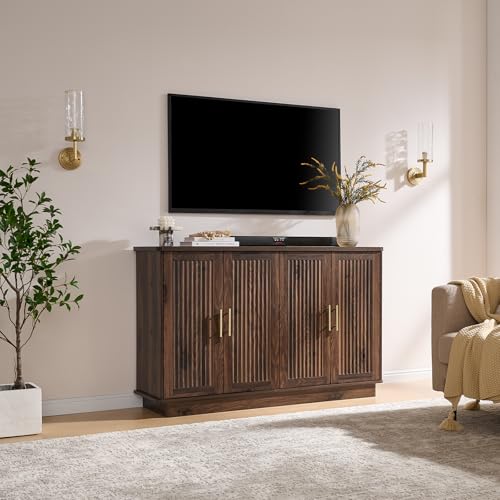 Okvnbjk Modern Sideboard Buffet Cabinet with Storage, Walnut | Fluted Coffee Bar Cabinet with 4 Doors & Adjustable Shelves for Kitchen, Dining Room, Living Room & Hallway - color: Walnut