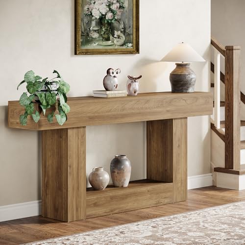 Tribesigns 63" Console Table, Farmhouse 2-Tier Entryway Table with U-Shaped Base, Narrow Long Wood Sofa Table Behind Couch Table for Living Room, Hallway, Foyer, Light Brown - color: Light Brown