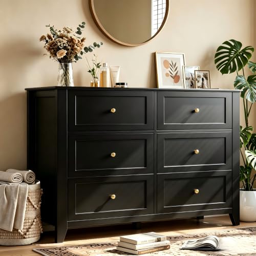 Garvee Black 6-Drawer Dresser for Bedroom, 54" Long Chest of Drawers | Modern Lacquered Storage Drawers Organizer, 15.8"D x 54"W x 31.5"H, Storage Dresser with Deep Drawers for Hallway Entryway - color: Black, size: 15.8"D x 54"W x 31.5"H (6 Drawers)