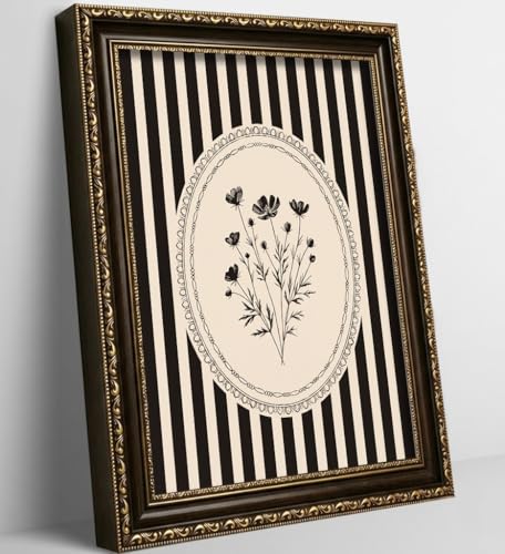 Vintage Gold Framed Floral Wall Art, Stripes Flower Canvas Prints, Antique Botanical Floral Wall Decor, Sketch Plant Orchid Poster Artwork for Living Room Office Bedroom Home Decor, 12x16in - color: Striped Floral, size: 16"L x 12"W