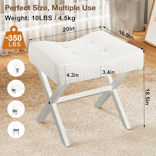 18-Inch Large Vanity Stool Chair, White Makeup Stool | Teddy Flannel Vanity Bench, Metal X-Leg, 350 LBS, 20"x16.9"x18", Ottoman Accent Stool, Breathable Soft Padded Saddle Seat - size: Large, style: White Fabric