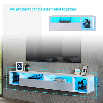 DlandHome 39.3" W Floating TV Stand with LED, Wooden Entertainment Center | Wall-Mounted Media Console, Floating Shelf for Under TV Wall Mount with Storage Shelves for Bedroom Living Room, White - size: 39.3'' White