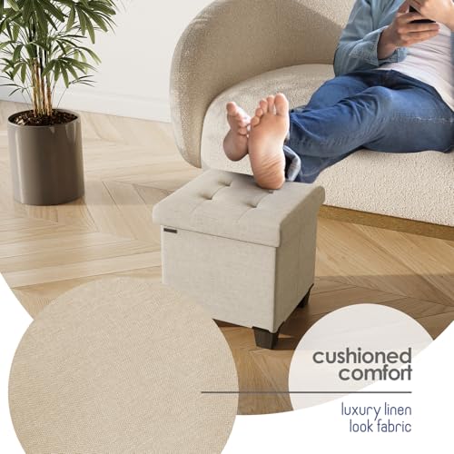 Storage Ottoman Cube with Small Bin, 15-in Square Ottoman with Storage for Living Room and Bedroom, Small Ottomans Foot Rest, Fabric Foot Stools Ottomans Max 330lbs, Beige - color: 08 - Beige