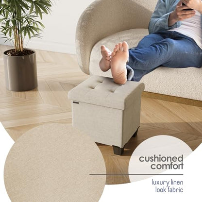Storage Ottoman Cube with Small Bin, 15-in Square Ottoman with Storage for Living Room and Bedroom, Small Ottomans Foot Rest, Fabric Foot Stools Ottomans Max 330lbs, Beige - color: 08 - Beige
