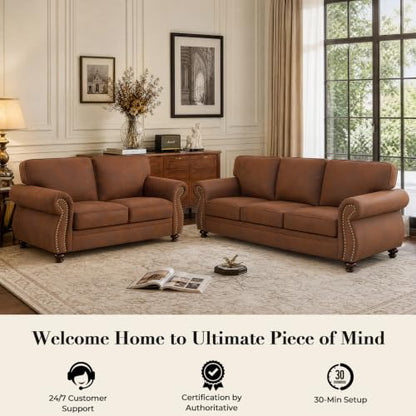 71" W Living Room Furniture Sets, Loveseat&Single, Caramel Rust | Faux Leather Fabric Sofa and Couch Sets, Mid-Century Loveseat and Sofa Set with Nailhead Trim - color: Caramel Rust, size: M-3 seat