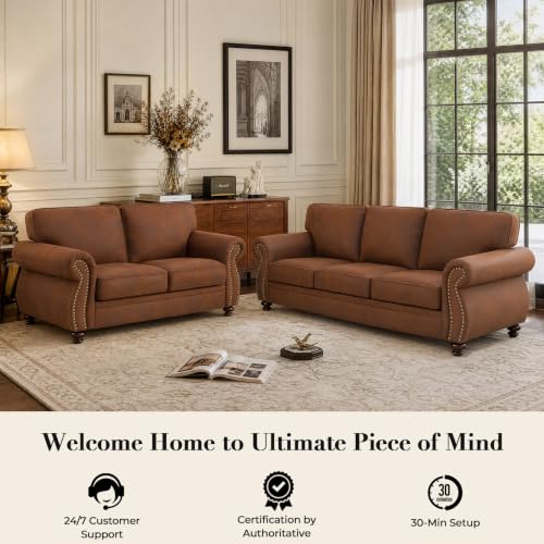 88" W Living Room Furniture Sets, 3-Seater&2 Single, Caramel Rust | Faux Leather Fabric Sofa and Couch Sets, Mid-Century 3-Seater Sofa Set with Nailhead Trim - color: Caramel Rust, size: L-5 seat