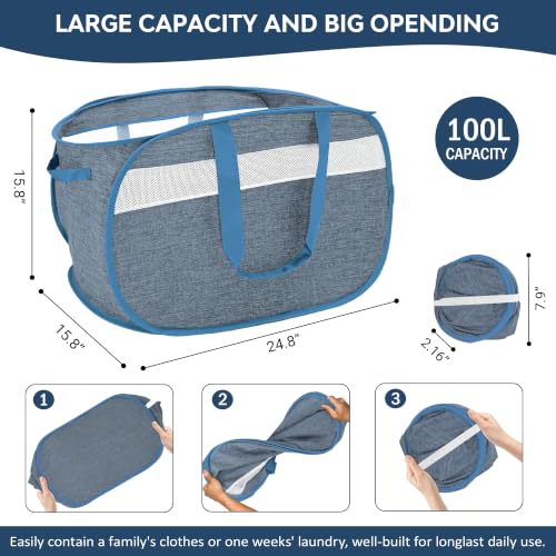 100L Collapsible Laundry Baskets, Foldable Dual Handles Laundry Hamper Blue | Lightweight, Easy to Carry, Up and Downstairs, Tear-Proof, Space-saving, for Laundry Room, Bedroom, Bathroom, Travel, Dorm - color: 100L Blue