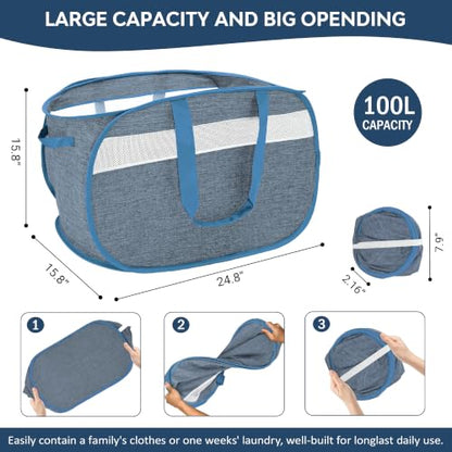100L Collapsible Laundry Baskets, Foldable Dual Handles Laundry Hamper Blue | Lightweight, Easy to Carry, Up and Downstairs, Tear-Proof, Space-saving, for Laundry Room, Bedroom, Bathroom, Travel, Dorm - color: 100L Blue