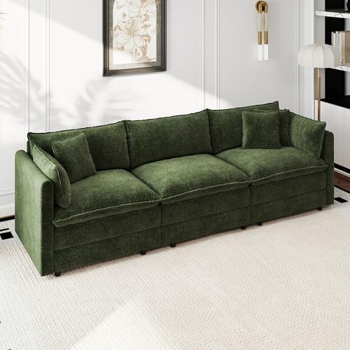 Aoowow Modular Sectional Sofa,112.2 Inch Deep 3-Seater Sofas Comfy Chenille Cloud Sofas and Couches with Pillows for Living Room Apartment（Green） - color: Green-new, size: 3 Seat