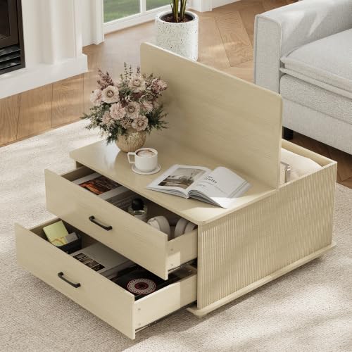 MALOL Storage Coffee Table with 2 Drawers & Flip-Top Lid with Hidden Storage, Modern Fluted Wood Coffee Table, Solid Wood Legs, Square Center Table for Living Room, Light Wood - color: Light Wood
