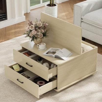 MALOL Storage Coffee Table with 2 Drawers & Flip-Top Lid with Hidden Storage, Modern Fluted Wood Coffee Table, Solid Wood Legs, Square Center Table for Living Room, Light Wood - color: Light Wood